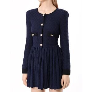 SELF-PORTRAIT Weave Knit Mini Dress Navy Tweed Metallic Long Sleeve Women's L